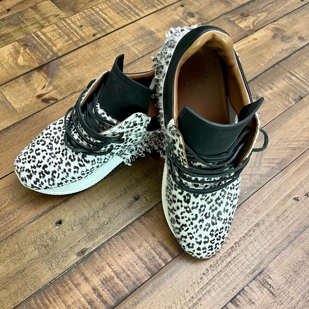 ESSEutESSE fringe sneaker, black and white pony hair cheetah print, size 37.